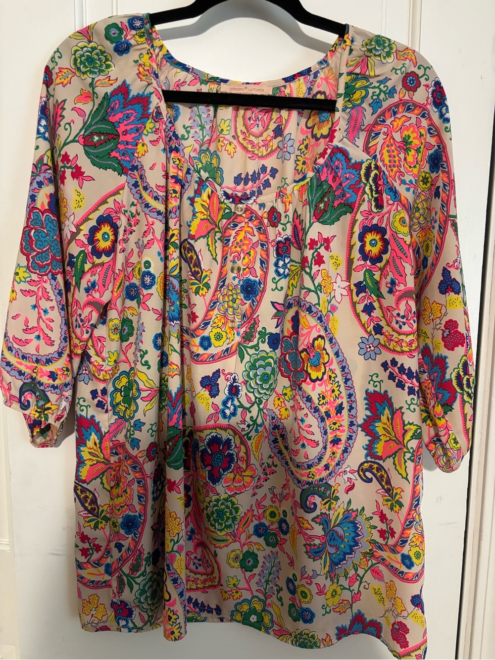Gibson Latimer Cream Tunic with Bright Pink, Blue & Yellow Paisley